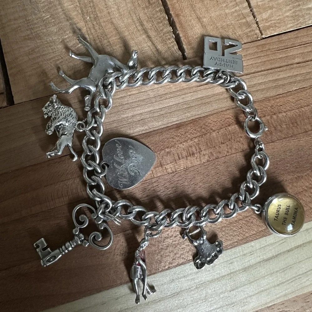 VTG Western Charm Bracelet 6.75 Inch Horse Buffalo Key Heart 925‎ Sterling 34.8g